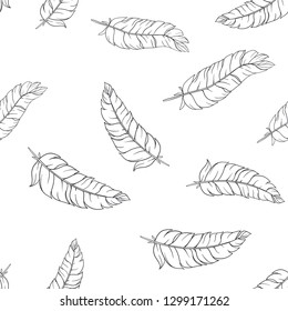Hand drawn feathers. Vector monochrome seamless pattern
