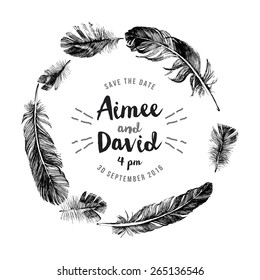 Hand drawn feathers wreath with save the date type design