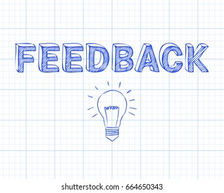 Hand drawn feedback sign and light bulb on graph paper background