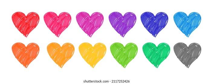 Hand drawn felt pen heart in different colors variation isolated on white background.