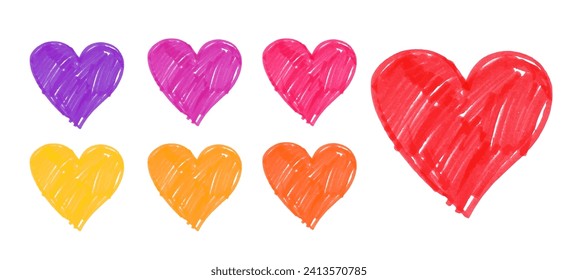 Hand drawn felt pen hearts in different colors variation