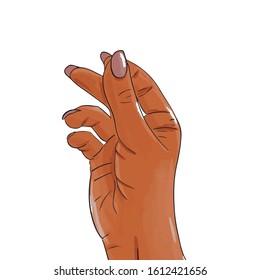 Hand drawn female afro american hand with pink nails snapping finger gesture. Sticker, print design vector stock illustration isolated on white. Sketch in style pop art, comics. Call attention.