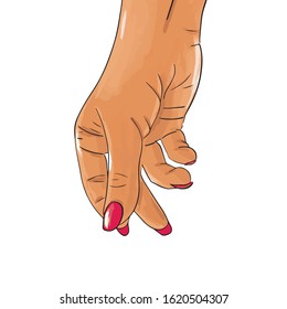 Hand drawn female asian hand with red nails snapping finger gesture. Sticker, print design vector stock illustration isolated on white. Sketch in style pop art, comics. Call attention.