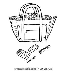 Hand drawn female bag, phone, comb and notebook with a pen. Black and white vector fashion illustration 