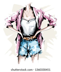 Hand drawn female body. Fashion outfit. Stylish woman look with shorts, shirt, jacket and accessories. Sketch. Vector illustration.