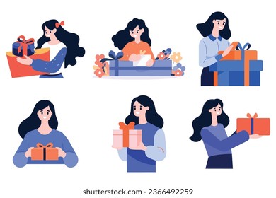 Hand Drawn female character with gift box in flat style isolated on background