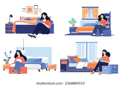 Hand Drawn A female character is reading a book in the bedroom in flat style isolated on background