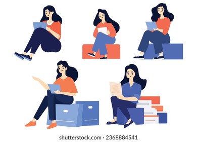 Hand Drawn female character sitting and reading a book in flat style isolated on background