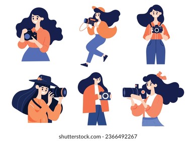 Hand Drawn Female character taking pictures with camera in flat style isolated on background