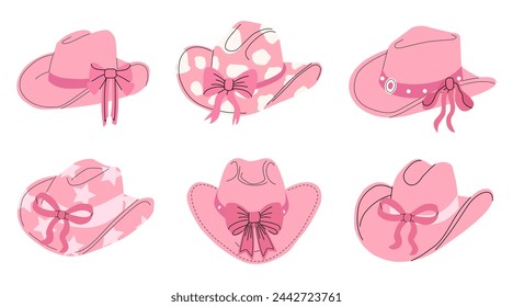 Hand drawn female cowboy hats with bows. Pink cowgirl hats flat vector illustration. Collection of retro elements. Cowboy Western and Wild West theme. Women accessories