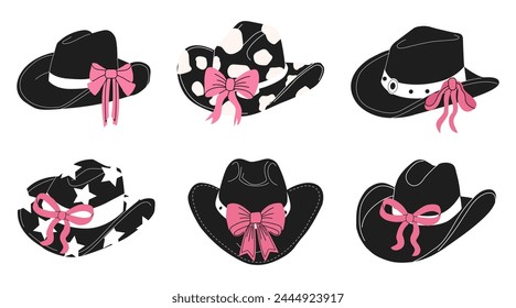 Hand drawn female cowboy hats with bows. Black and white cowgirl hats flat vector illustration. Collection of retro elements. Cowboy Western and Wild West theme. Women accessories