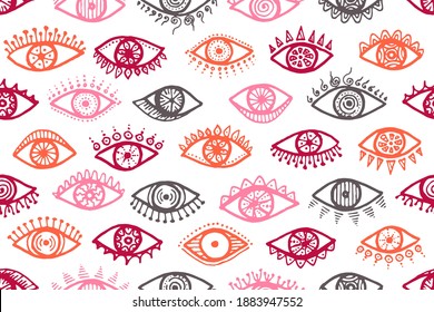 Hand drawn female eyes abstract seamless ornament. Pop art graphic style illustration. Makeup packaging vector design. Doodle eyes on white background magic repeatable pattern.