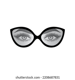 Hand drawn female eyes with eyeglasses. 