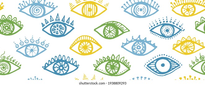 Hand drawn female eyes hipster repeatable ornament. Sketch drawing style illustration. Cosmetics wrapping print design. Doodle eyes with girly eyelashes artistic endless pattern.