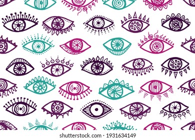 Hand drawn female eyes magic repeatable pattern. Pop art graphic style illustration. Makeup packaging vector design. Isolated eyes with girly eyelashes modern seamless ornament.