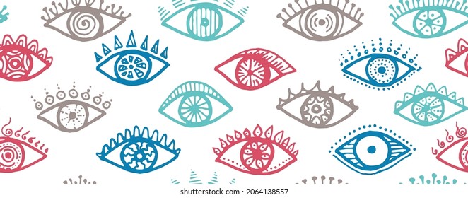 Hand drawn female eyes stylish repeatable ornament. Sketch drawing style illustration. Fashion wrapping print design. Open eyes on white background naive seamless pattern.