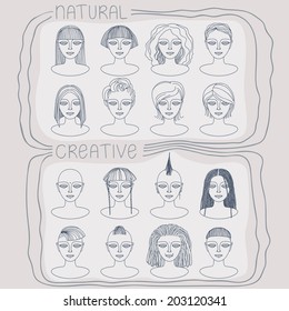Hand drawn female faces with different hairstyles.