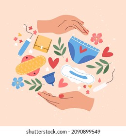 Hand drawn female hand holding tampon, pads, menstrual cup with flowers. Female regular menstrual cycle concept. Menstrual period, menstruation, premenstrual syndrome, ovaries vector illustration