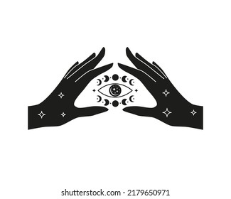 Hand drawn female hand holding third eye and moon phases around isolated on white background. Celestial boho illustration. Witchy design.