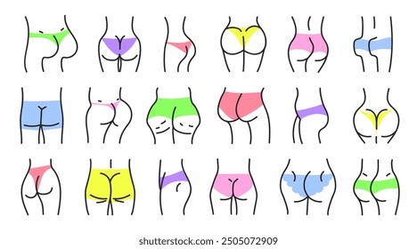 Hand drawn female and male butts set. Male and female buttocks in underwear, vector illustration isolated on white.