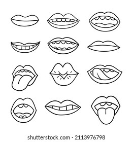 Hand drawn female mouths and lips. Doodle sketch. Isolated linear vector illustration.