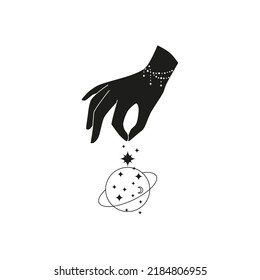 Hand drawn female hand and planet, crescent moon, stars isolated on white background. Celestial boho illustration. Occult design.