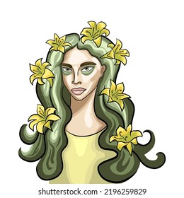Hand drawn female portrait. Young lady with green hair and make up and lilies. Halloween fashion illustration in beauty zombie style.