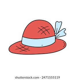 Sombrero rojo femenino dibujado a mano con la cinta azul aislada en el fondo blanco. Ilustración vectorial.