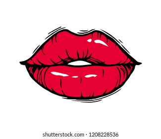 Hand drawn female red lips isolated on white background. 