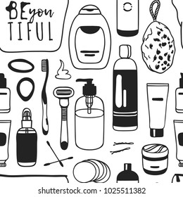 Hand drawn female seamless pattern with cosmetics. Actual vector drawing background with beauty products