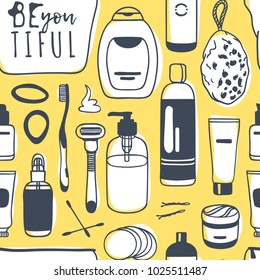 Hand drawn female seamless pattern with cosmetics. Actual vector drawing background with beauty products