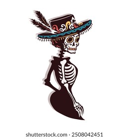 Hand drawn female skeleton, dressed in traditional Mexican attire isolated on white background. Illustration of la Calavera Catrina in a decorated wide-brimmed hat with feathers and colorful patterns