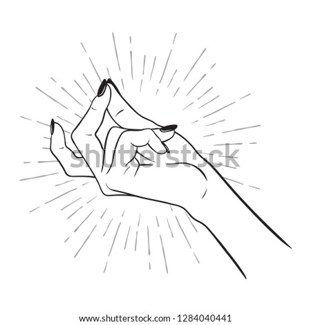 Hand drawn female hand with snapping finger gesture. Flash tattoo, blackwork, sticker, patch or print design vector illustration