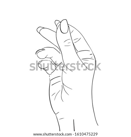 Hand drawn female hand with snapping finger gesture. Flash tattoo, blackwork, sticker, patch or print design vector stock illustration isolated on white background. Minimalism style, sketch, line.