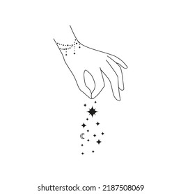 Hand gezeichnete weibliche Hand, die Sterne berühren, einzeln auf weißem Hintergrund. Celestial Boho Illustration. Okkultes Design.