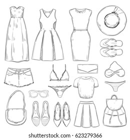 Hand drawn female summer clothes set with dresses hats jeans shorts shoes slippers lingerie clutch backpack sunglasses isolated vector illustration