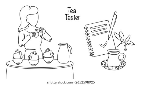 Mão desenhado degustador de chá feminino. Um especialista que avalia profissionalmente a variedade, o sabor, o aroma e a qualidade do chá. Ela determina o custo potencial do chá, participa do controle da produção.