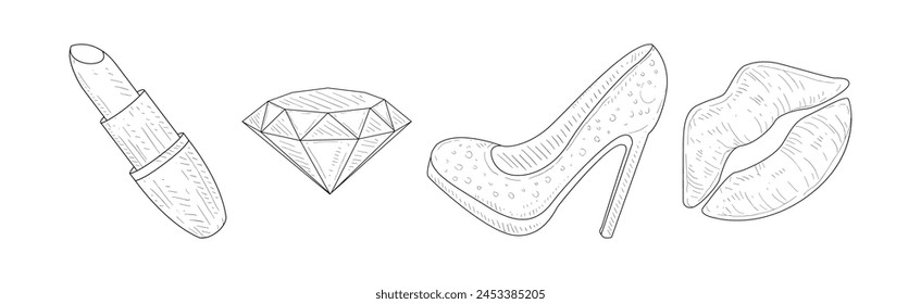 Cosas femeninas dibujadas a mano y conjunto de Vector de boceto accesorio