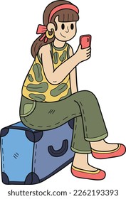 Hand Drawn Female tourist with suitcase and smartphone illustration in doodle style isolated on background