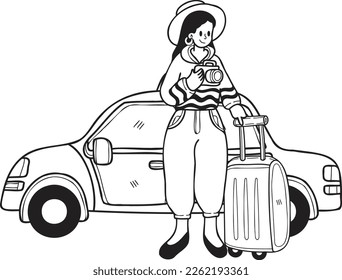 Hand Drawn Female tourist waiting for a taxi illustration in doodle style isolated on background