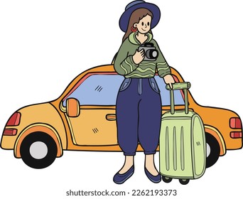 Hand Drawn Female tourist waiting for a taxi illustration in doodle style isolated on background