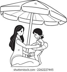 Hand Drawn Female tourists applying sunscreen to their children illustration in doodle style isolated on background