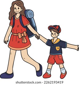 Hand Drawn female tourists with boys illustration in doodle style isolated on background