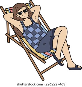 Hand Drawn Female tourists sunbathing on sunbeds illustration in doodle style isolated on background