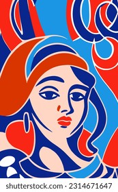 Hand drawn female vector pattern in Matisse style modern portrait to decorate print wall art, colorful abstraction in cubist and impressionist style