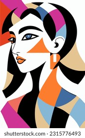 Hand drawn female vector pattern in Matisse style modern portrait to decorate print wall art, colorful abstraction in cubist and impressionist style