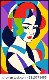 Hand drawn female vector pattern in Matisse style modern portrait to decorate print wall art, colorful abstraction in cubist and impressionist style