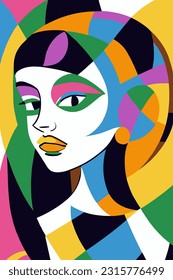 Hand drawn female vector pattern in Matisse style modern portrait to decorate print wall art, colorful abstraction in cubist and impressionist style