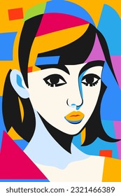 Hand drawn female vector pattern in Matisse style modern portrait to decorate print wall art, colorful abstraction in cubist and impressionist style