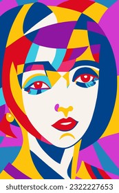 Hand drawn female vector pattern in Matisse style modern portrait to decorate print wall art, colorful abstraction in cubist and impressionist style